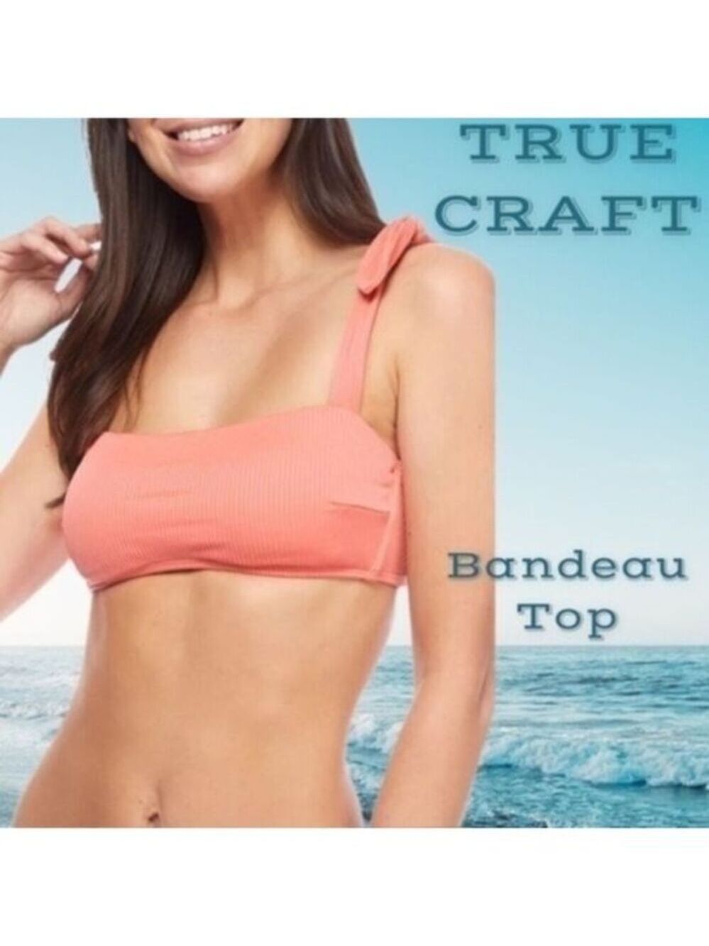 TRUE CRAFT Ribbed Shoulder-Tie-Strap Shelf Bra Bandeau Swim Top-Coral/XL NWT
